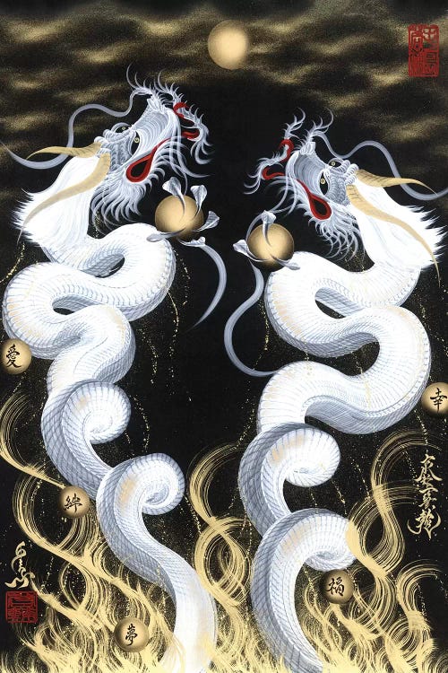 Rising Twin White Dragon To The Moon