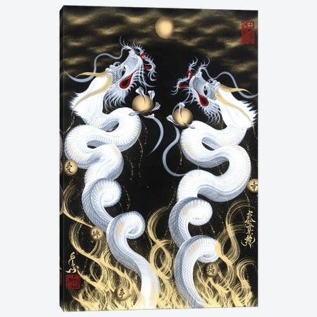 Rising Twin White Dragon To The Moon Canvas Print #OSD15} by One-Stroke Dragon Canvas Art Print