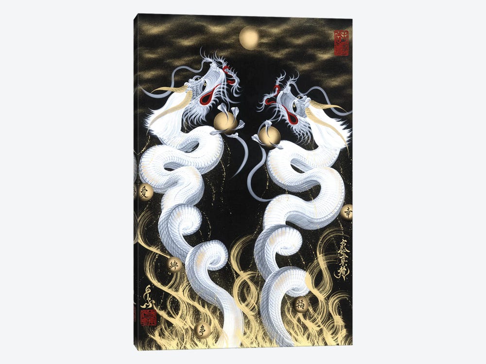 Rising Twin White Dragon To The Moon by One-Stroke Dragon 1-piece Canvas Art Print