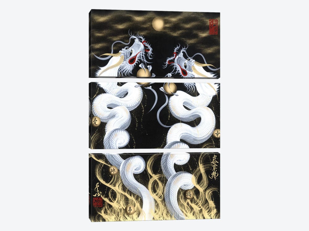 Rising Twin White Dragon To The Moon by One-Stroke Dragon 3-piece Art Print