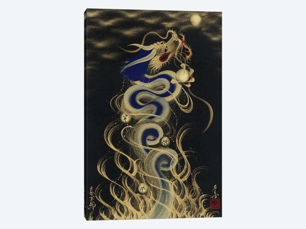 Flying Blue Dragon To The Moon by One-Stroke Dragon 1-piece Canvas Wall Art