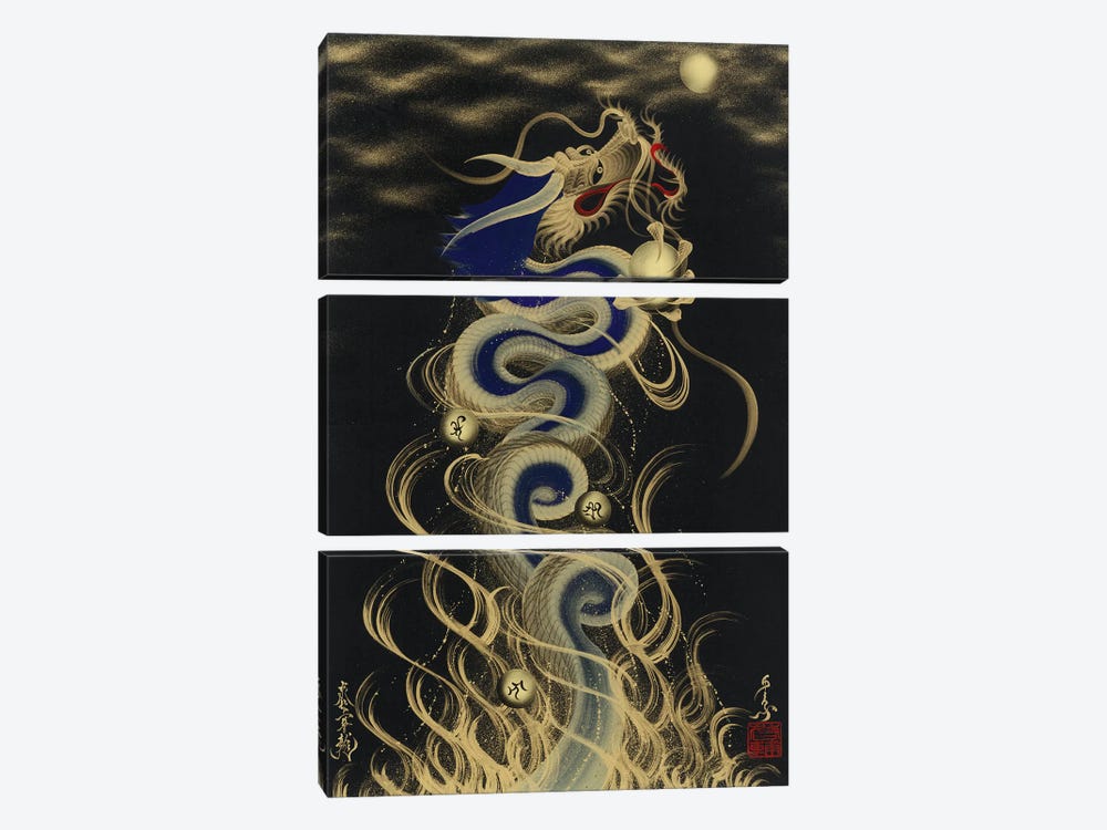 Flying Blue Dragon To The Moon by One-Stroke Dragon 3-piece Canvas Artwork