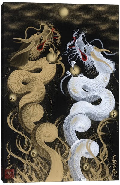 Flying Twin Dragons White & Gold Canvas Art Print - Dragon Art