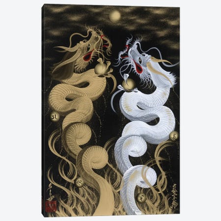 Flying Twin Dragons White & Gold Canvas Print #OSD2} by One-Stroke Dragon Canvas Art
