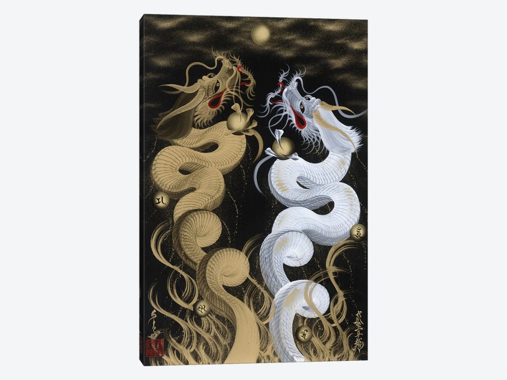 Flying Twin Dragons White & Gold by One-Stroke Dragon 1-piece Art Print