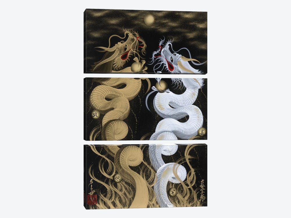 Flying Twin Dragons White & Gold by One-Stroke Dragon 3-piece Canvas Art Print
