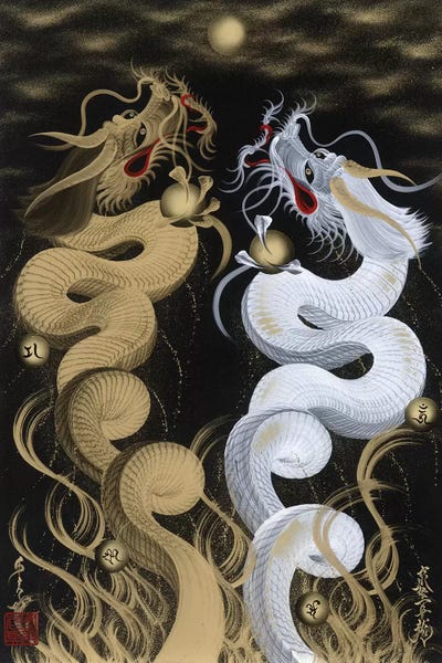 Japanese Décor: Flying Twin Dragons White & Gold by One-Stroke Dragon