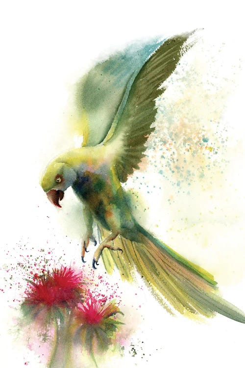 Green Parrot And Flower