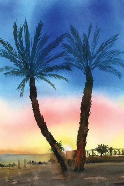 Olga Tchefranov - Steelpix Metal Wall Art: Sunset Palms By The Sea by Olga Tchefranov
