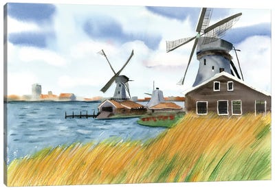 Holland Landscape Canvas Art Print - Watermill & Windmill Art