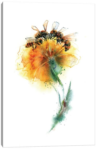Three Bees And Flower Canvas Art Print - Bee Art