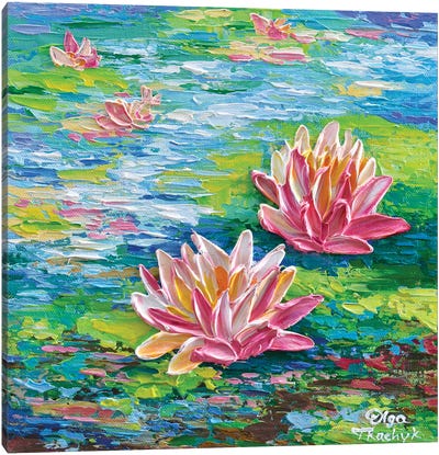 Coral Water Lilies Canvas Art Print - Palette Knife Prints