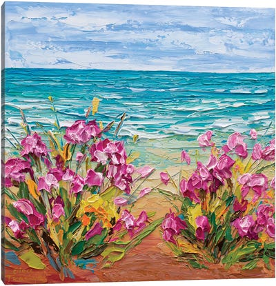 Pink Flowers By The Sea Canvas Art Print - Landscapes in Bloom