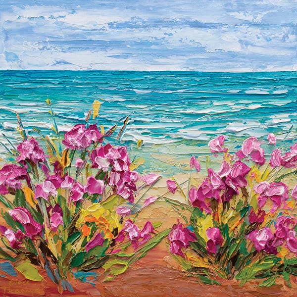 Olga Tkachyk: Pink Flowers By The Sea by Olga Tkachyk