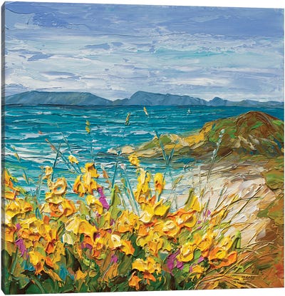 Flowers Near The Ocean Canvas Art Print - Landscapes in Bloom