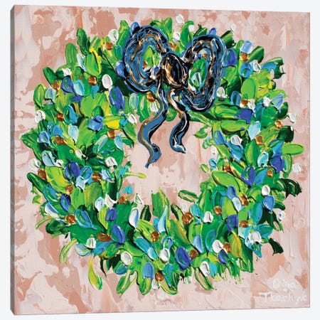 Christmas Wreath With Blue Ribbon Canvas Print #OTK42} by Olga Tkachyk Canvas Print