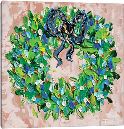 Christmas Wreath With Blue Ribbon Canvas Art Print - Olga Tkachyk
