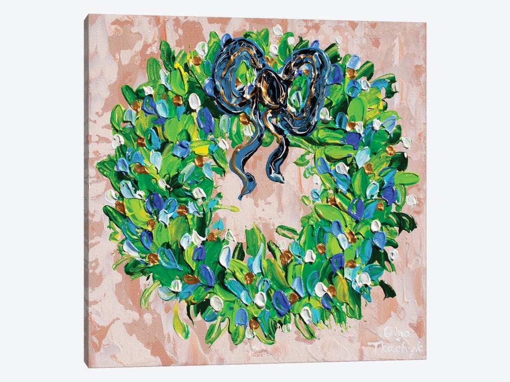 Christmas Wreath With Blue Ribbon by Olga Tkachyk 1-piece Art Print