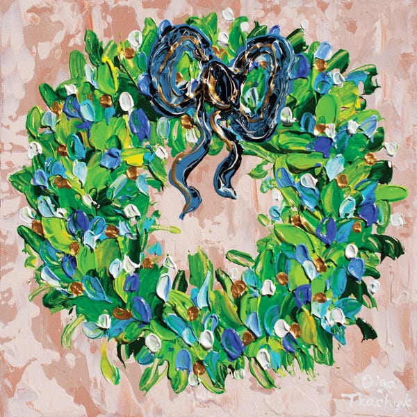 Olga Tkachyk: Christmas Wreath With Blue Ribbon by Olga Tkachyk