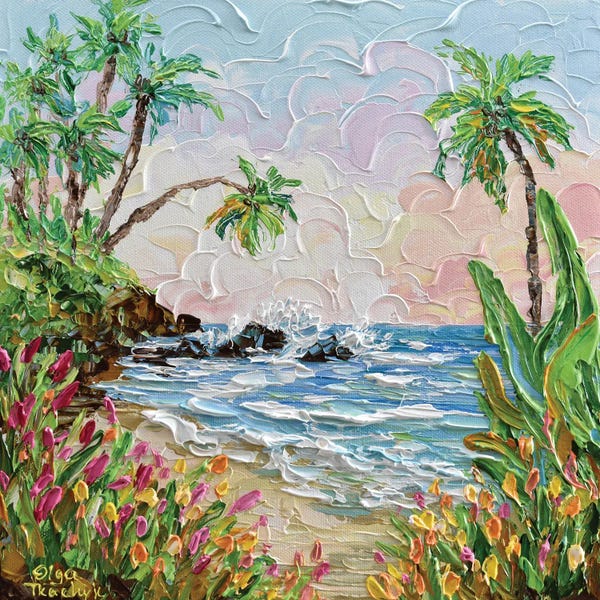 Olga Tkachyk: Pink Flowers By The Beach by Olga Tkachyk