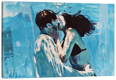 Kissing Underwater Canvas Art Print - Blue & White Art