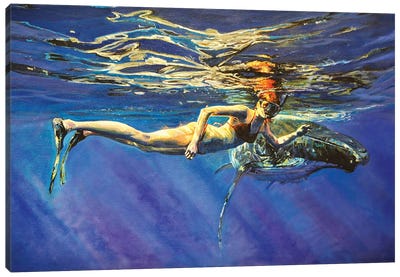 The Woman And The Whale Canvas Art Print - Swimming Art