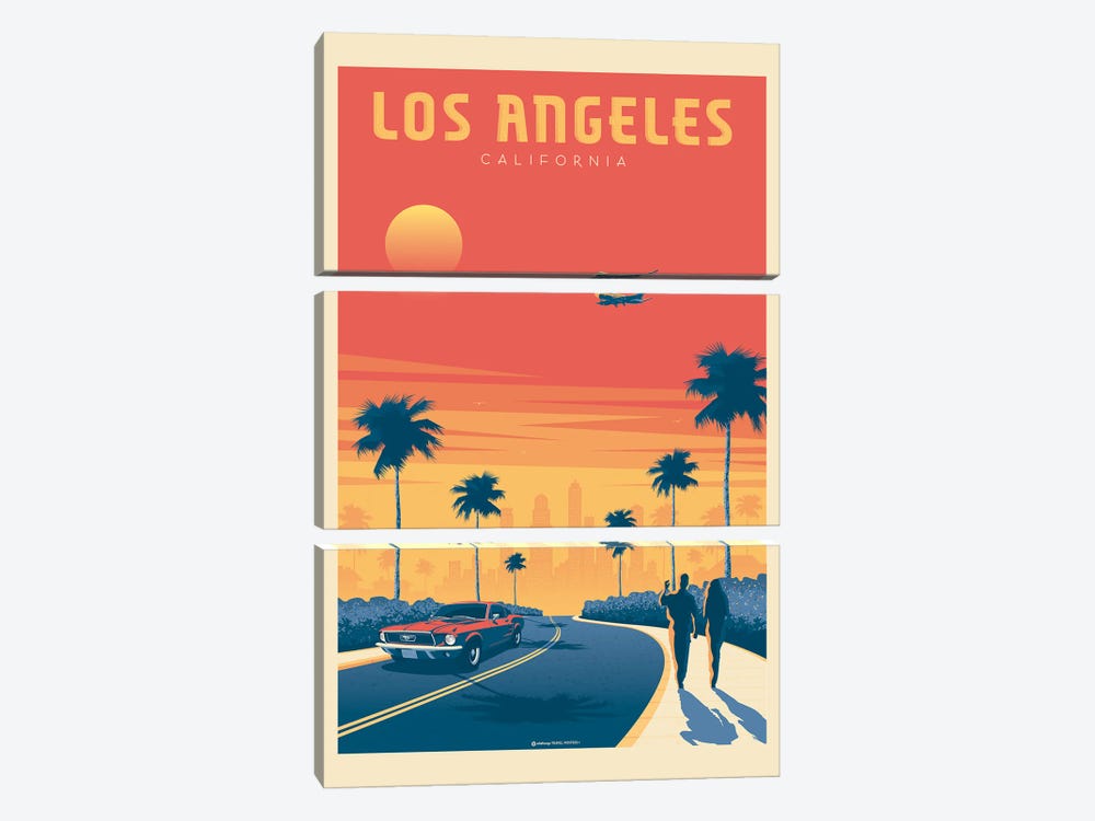 Los Angeles California Sunset Travel Poster by Olahoop Travel Posters 3-piece Canvas Artwork