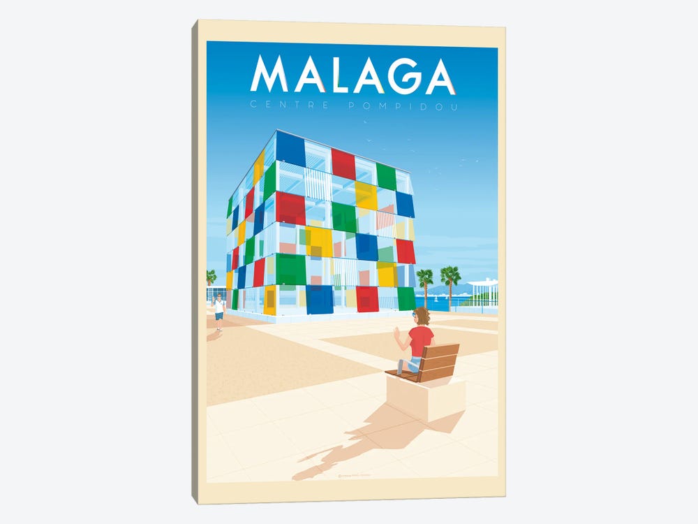 Malaga Spain El Cubo Centre Pompidou Travel Poster by Olahoop Travel Posters 1-piece Canvas Art Print