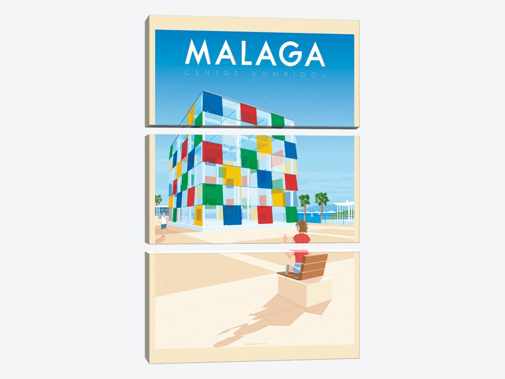 Malaga Spain El Cubo Centre Pompidou Travel Poster by Olahoop Travel Posters 3-piece Canvas Art Print