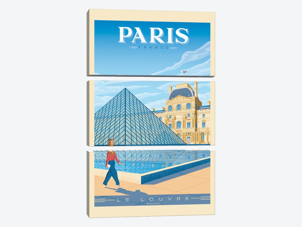 Paris France Louvre Museum Travel Poster by Olahoop Travel Posters 3-piece Canvas Print