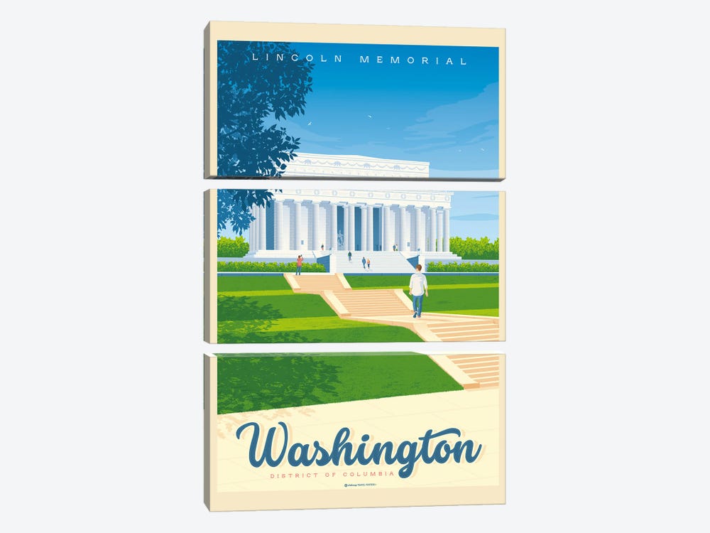 Washington DC Lincoln Memorial Travel Poster by Olahoop Travel Posters 3-piece Canvas Wall Art
