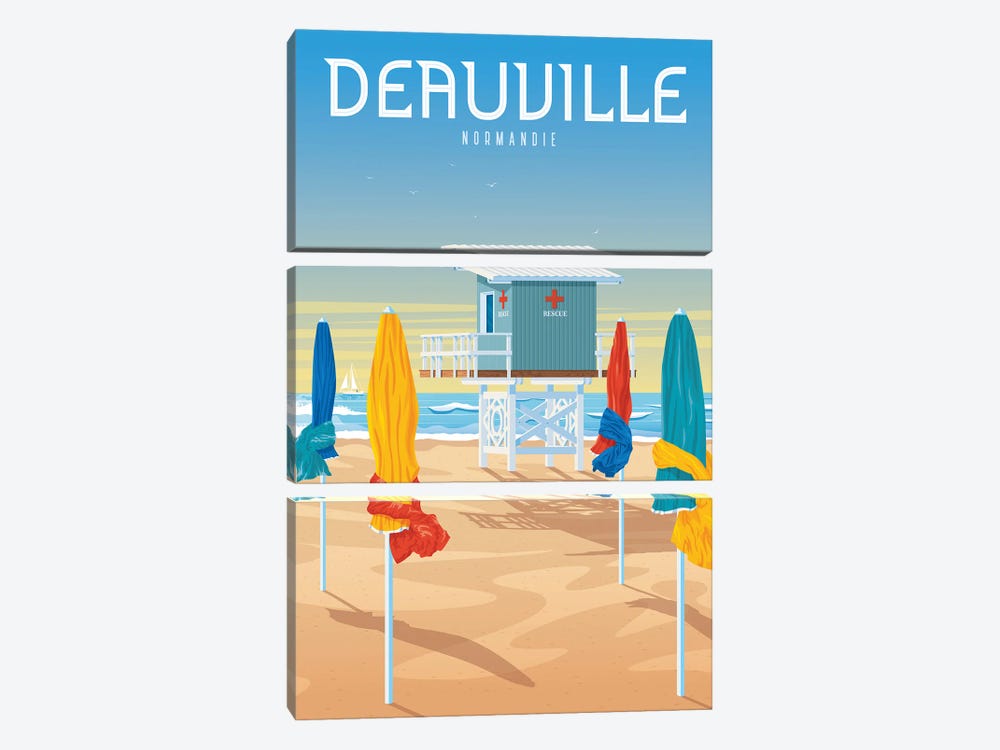Deauville Beach France Travel Poster by Olahoop Travel Posters 3-piece Canvas Art Print