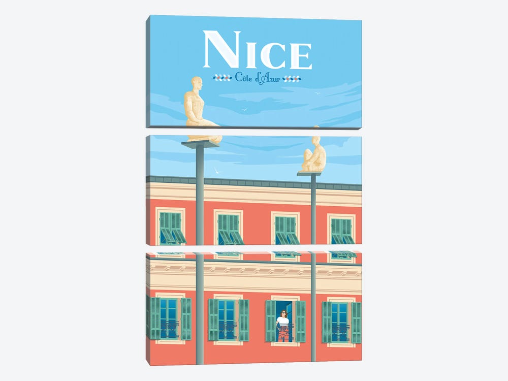 Nice Frenh Riviera Travel Poster by Olahoop Travel Posters 3-piece Canvas Wall Art