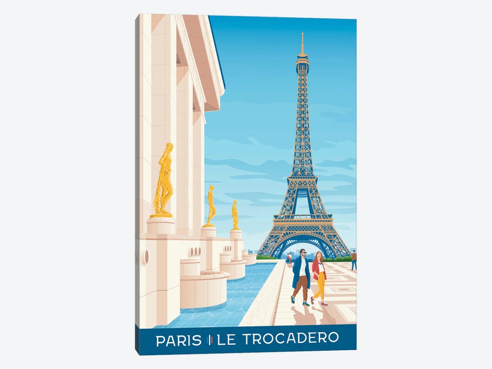 Paris Place Du Trocadero France Travel Poster by Olahoop Travel Posters 1-piece Canvas Wall Art