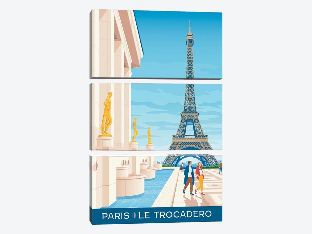 Paris Place Du Trocadero France Travel Poster by Olahoop Travel Posters 3-piece Canvas Artwork