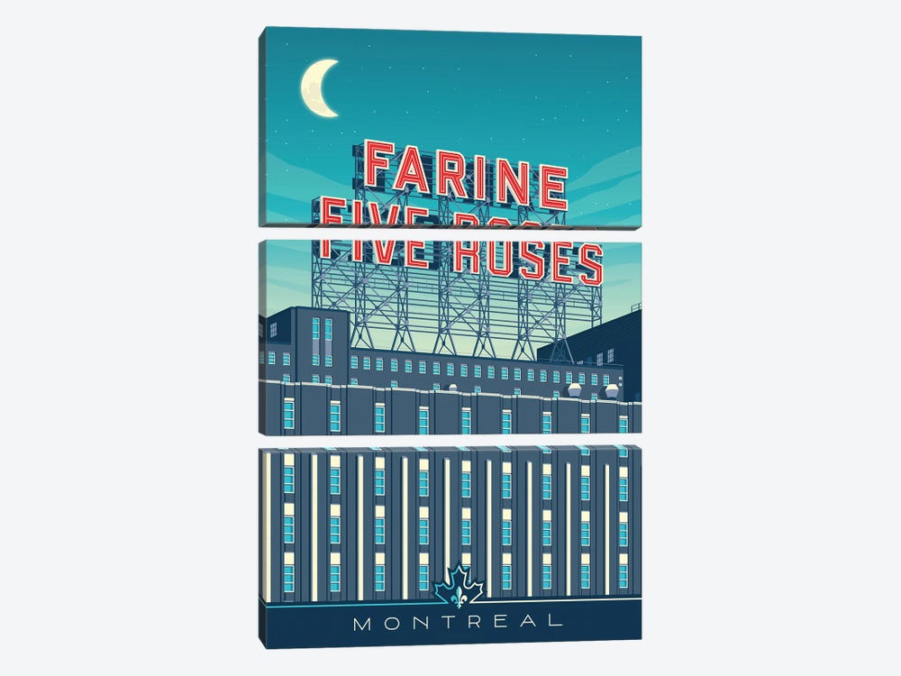 Montreal Canada Farine Five Roses Sign Travel Poster by Olahoop Travel Posters 3-piece Canvas Art Print