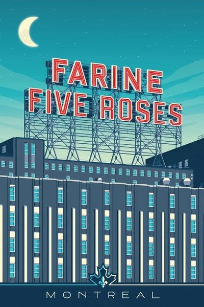 Montreal: Montreal Canada Farine Five Roses Sign Travel Poster by Olahoop Travel Posters