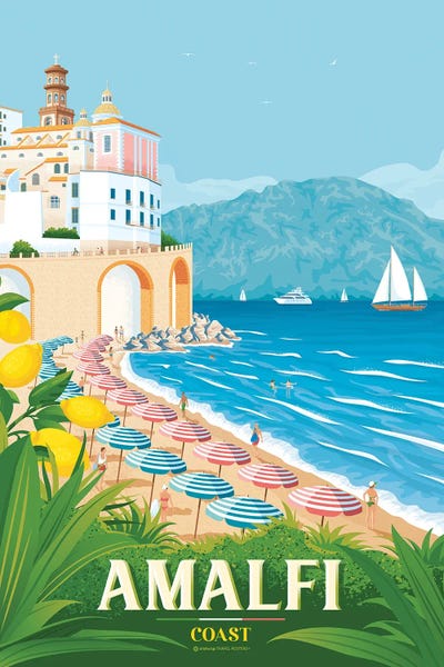 Coastal Villages & Towns: Amalfi Coast Italy Travel Poster by Olahoop Travel Posters