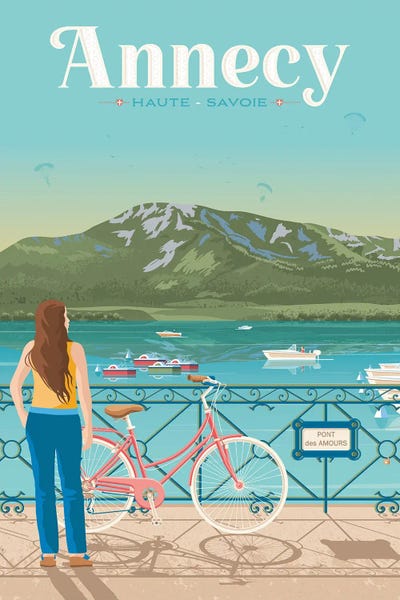 Bicycles: Annecy Pont Des Amours France Travel Illustration by Olahoop Travel Posters