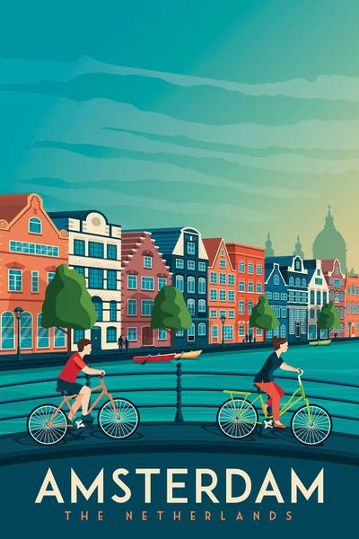 Bicycles: Amsterdam Netherlands Travel Illustration by Olahoop Travel Posters
