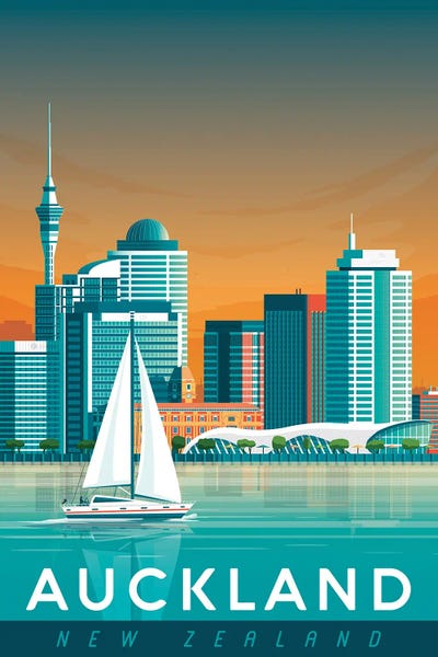 Olahoop Travel Posters: Auckland New Zealand Harbor Travel Illustration by Olahoop Travel Posters