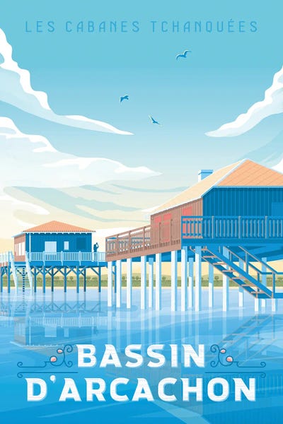 Olahoop Travel Posters: Bassin d'Arcachon Cabance Tchanquées France Travel Illustration by Olahoop Travel Posters