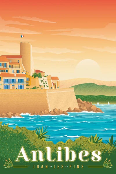 Olahoop Travel Posters: Antibes Juan Les Pins France Travel Illustration by Olahoop Travel Posters