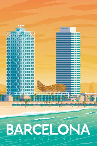 Olahoop Travel Posters: Barcelona Spain Travel Illustration by Olahoop Travel Posters