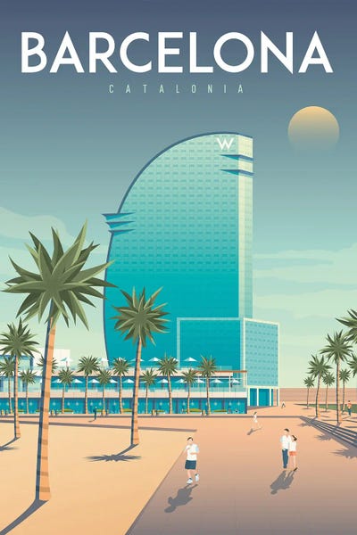 Olahoop Travel Posters: Barcelona Spain Hotel W Travel Illustration by Olahoop Travel Posters