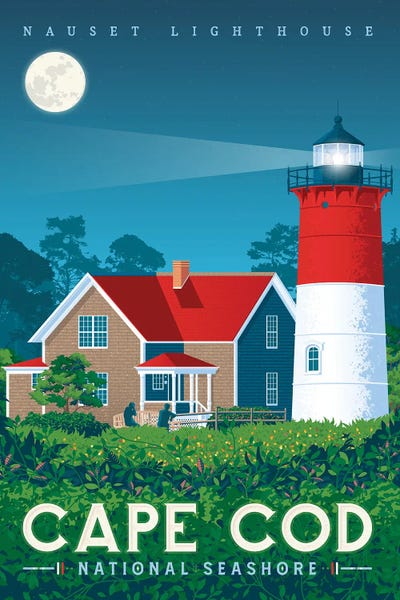 Olahoop Travel Posters: Cape Code Nauset Lighthouse United States Travel Illustration by Olahoop Travel Posters