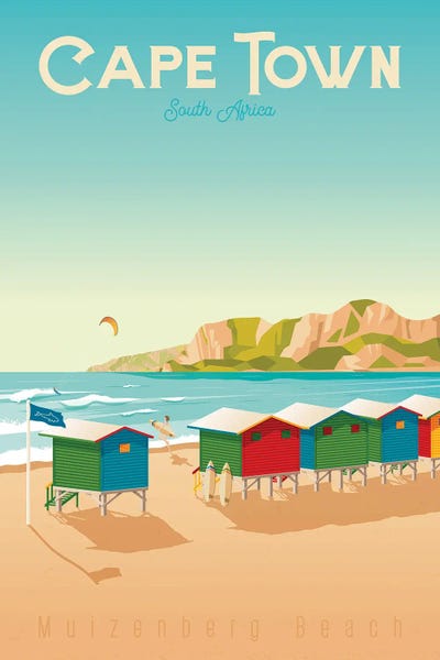 Olahoop Travel Posters: Cape Town Muizenberg Beach South Africa Travel Illustration by Olahoop Travel Posters