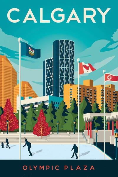 Ice Skating: Calgary Alberta Canada Travel Illustration by Olahoop Travel Posters