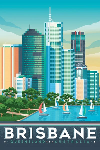 Queensland: Brisbane Australia Travel Illustration by Olahoop Travel Posters