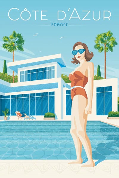 Swimming Pools: French Riviera France Travel Illustration by Olahoop Travel Posters